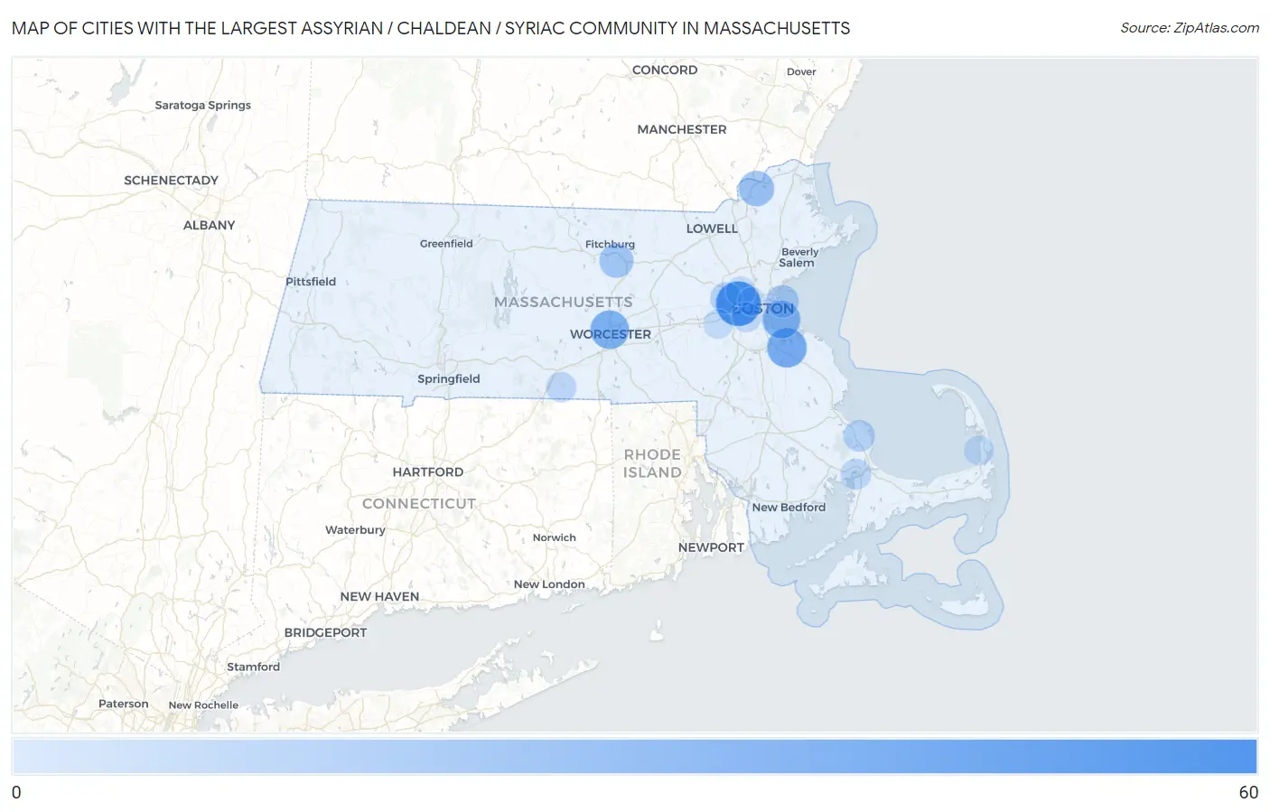 Cities with the Largest Assyrian / Chaldean / Syriac Community in Massachusetts Map