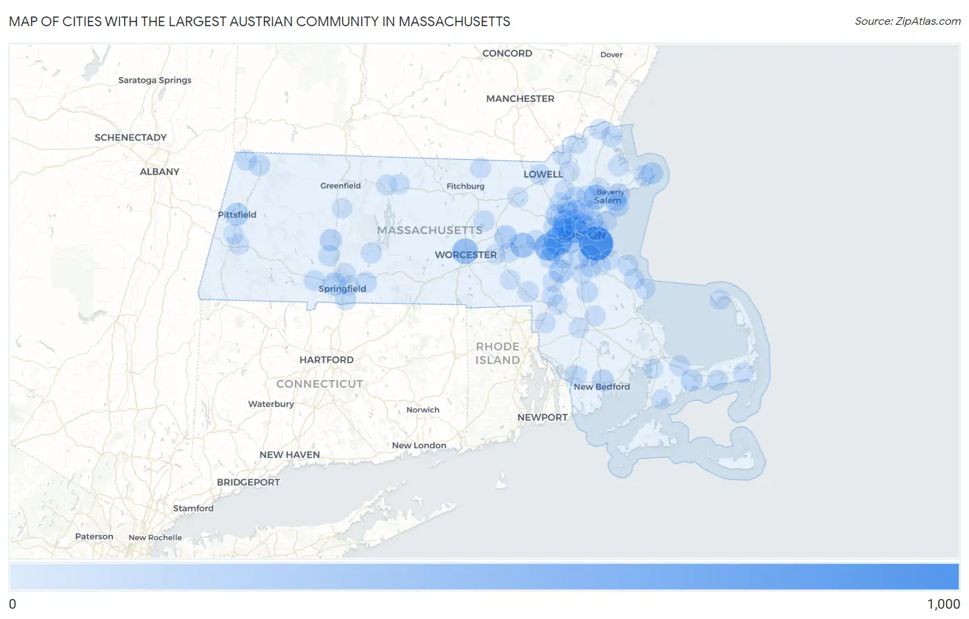 Cities with the Largest Austrian Community in Massachusetts Map