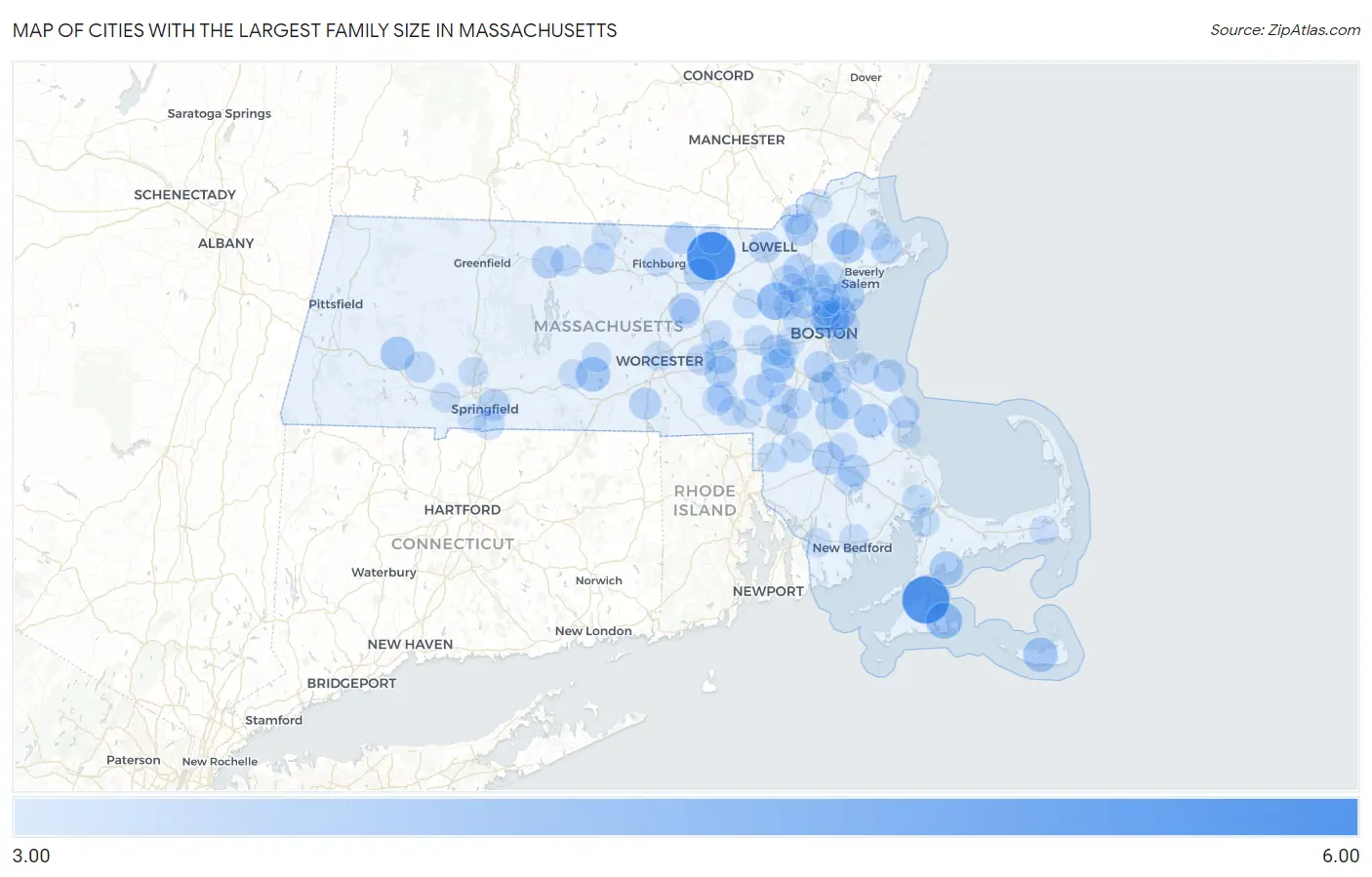 Cities with the Largest Family Size in Massachusetts Map