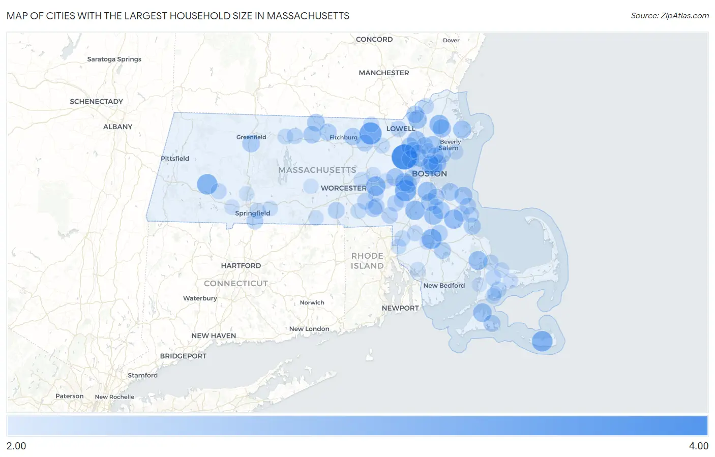 Cities with the Largest Household Size in Massachusetts Map