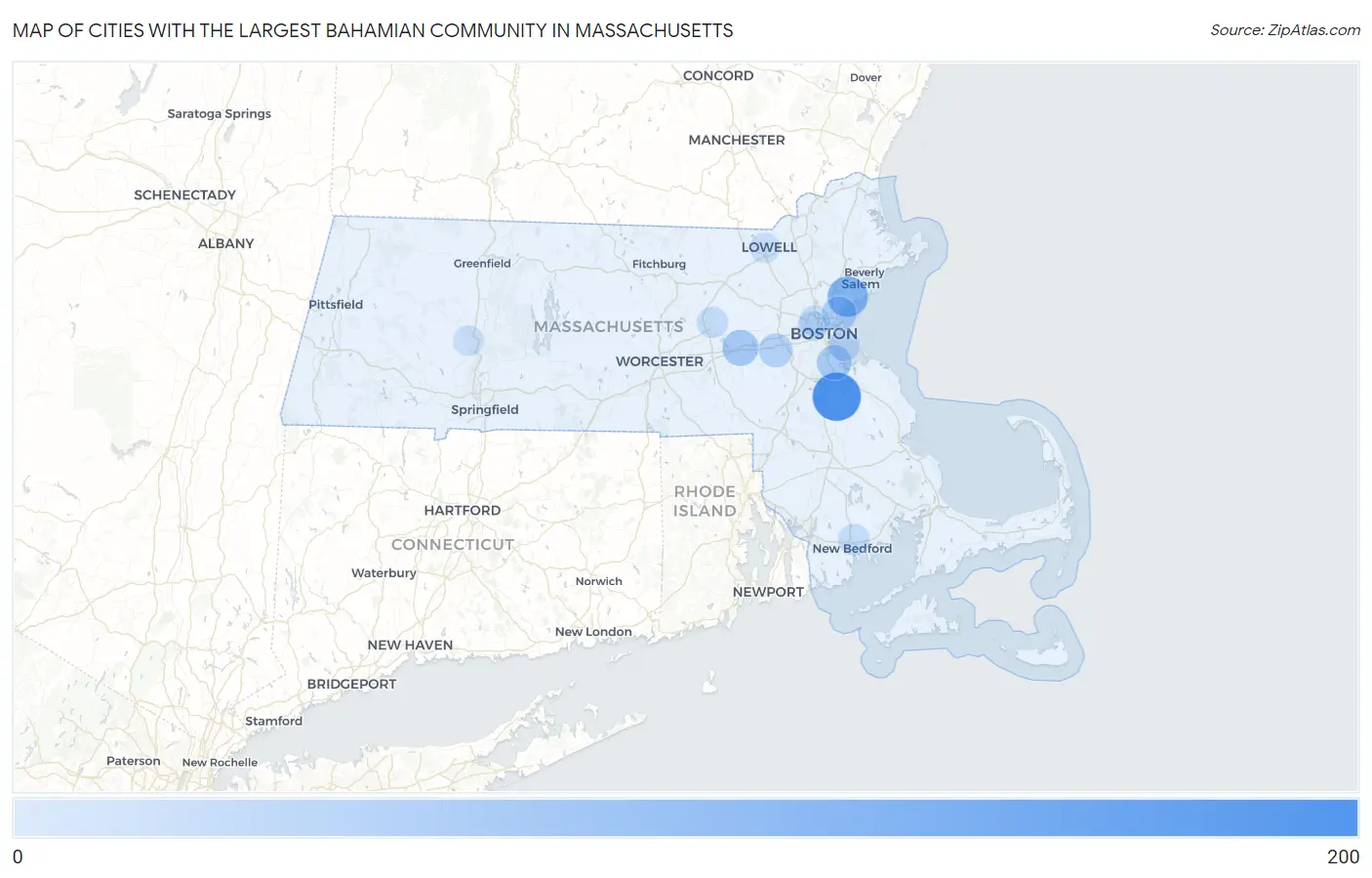 Cities with the Largest Bahamian Community in Massachusetts Map