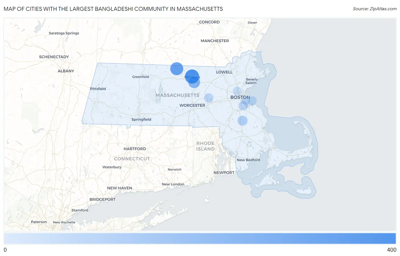 Cities with the Largest Bangladeshi Community in Massachusetts Map