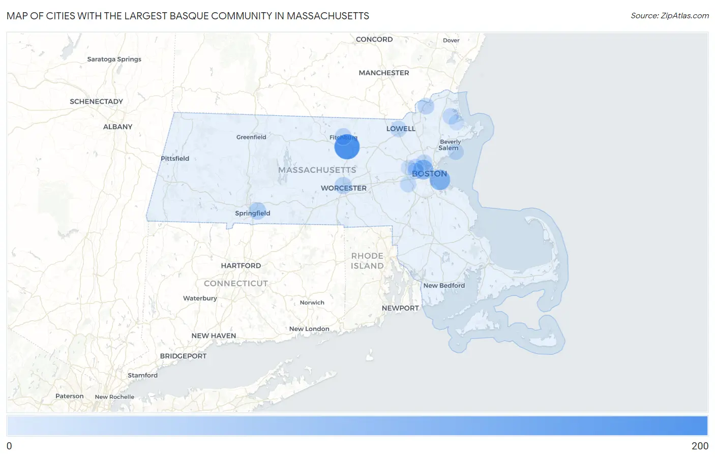Cities with the Largest Basque Community in Massachusetts Map