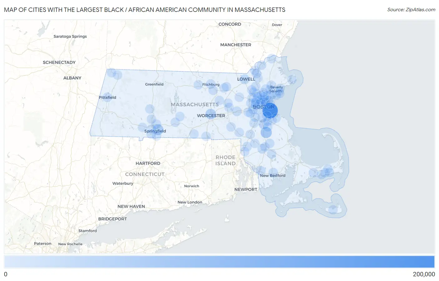 Cities with the Largest Black / African American Community in Massachusetts Map