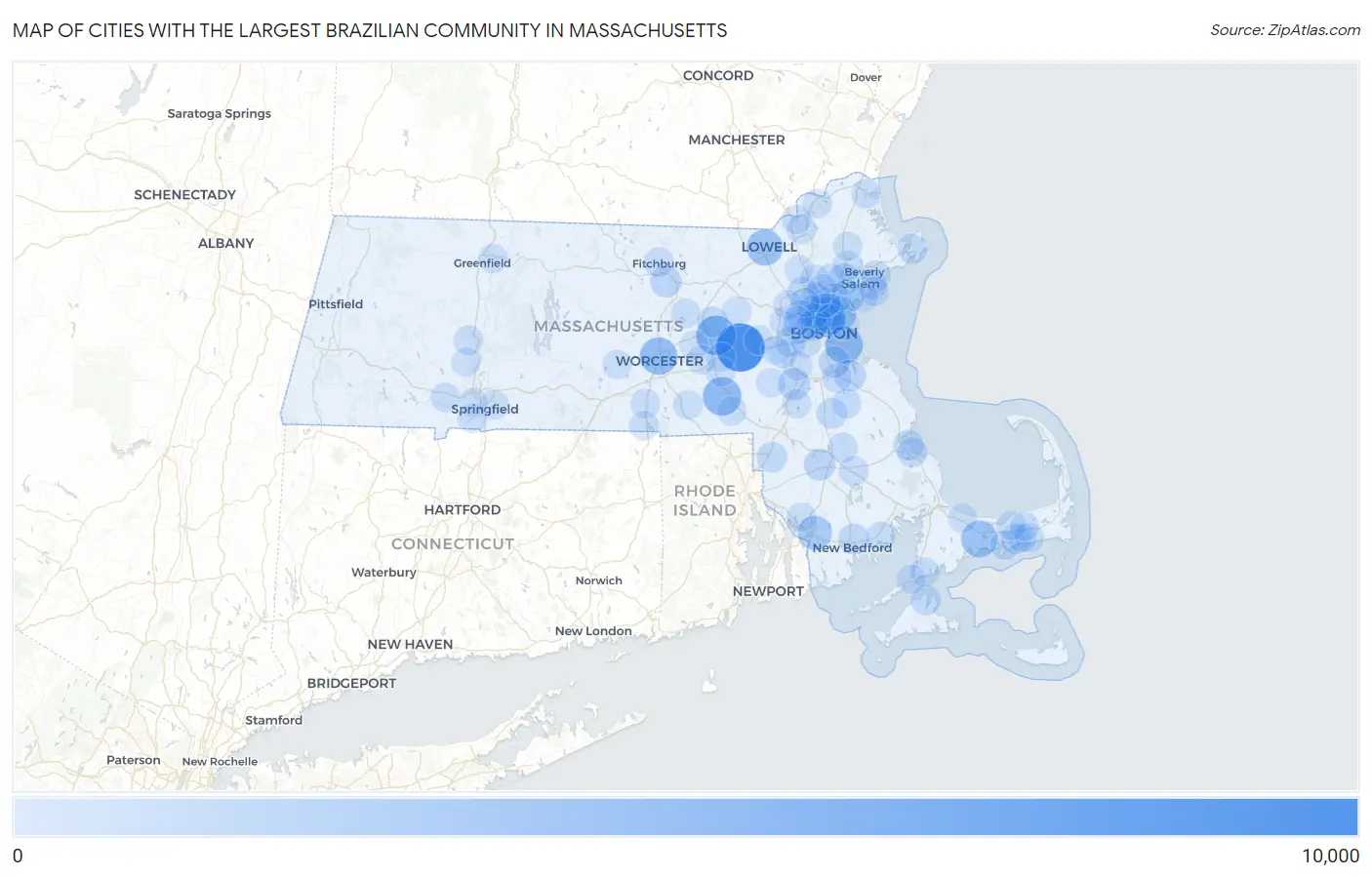 Cities with the Largest Brazilian Community in Massachusetts Map