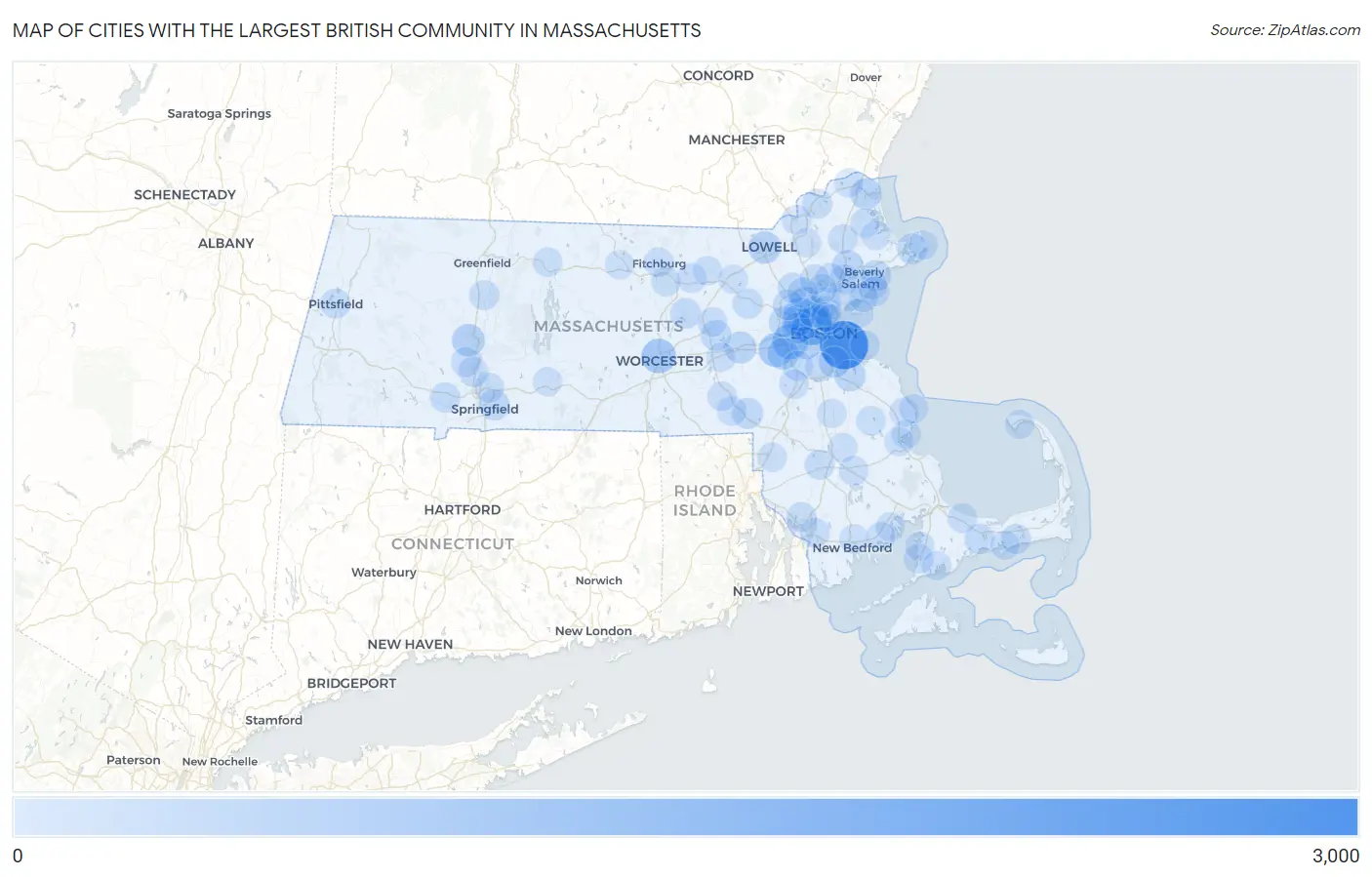 Cities with the Largest British Community in Massachusetts Map