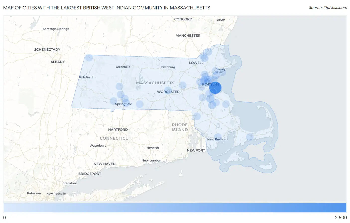 Cities with the Largest British West Indian Community in Massachusetts Map