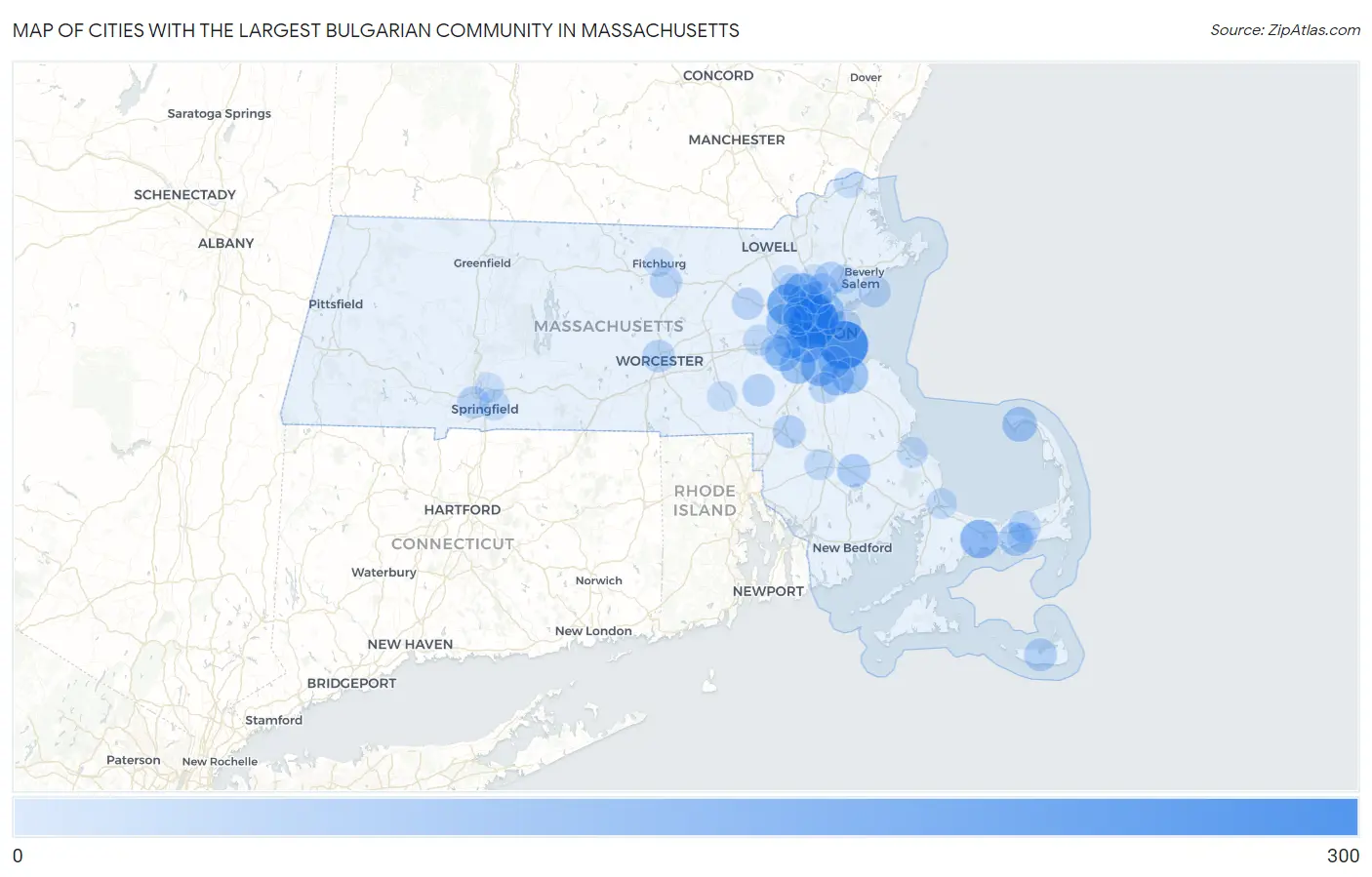 Cities with the Largest Bulgarian Community in Massachusetts Map