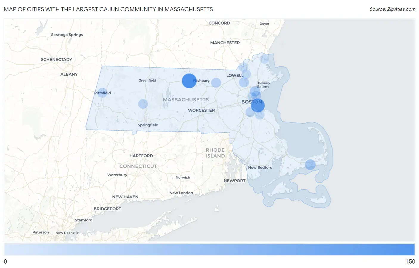 Cities with the Largest Cajun Community in Massachusetts Map