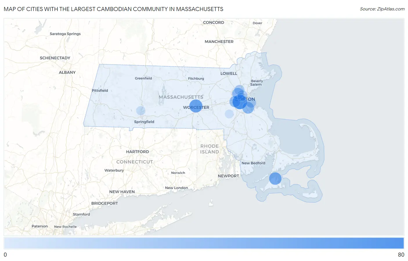 Cities with the Largest Cambodian Community in Massachusetts Map