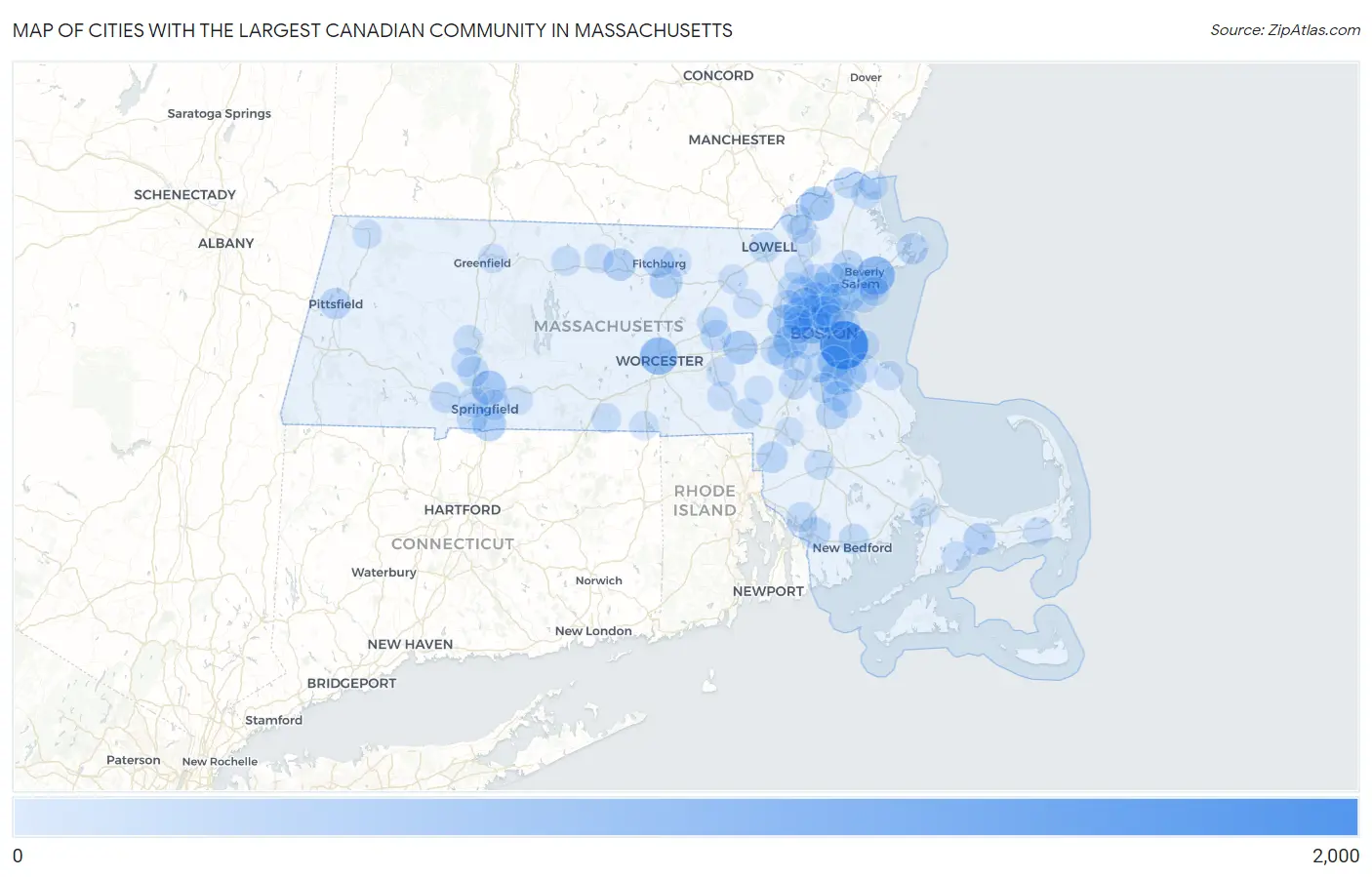 Cities with the Largest Canadian Community in Massachusetts Map