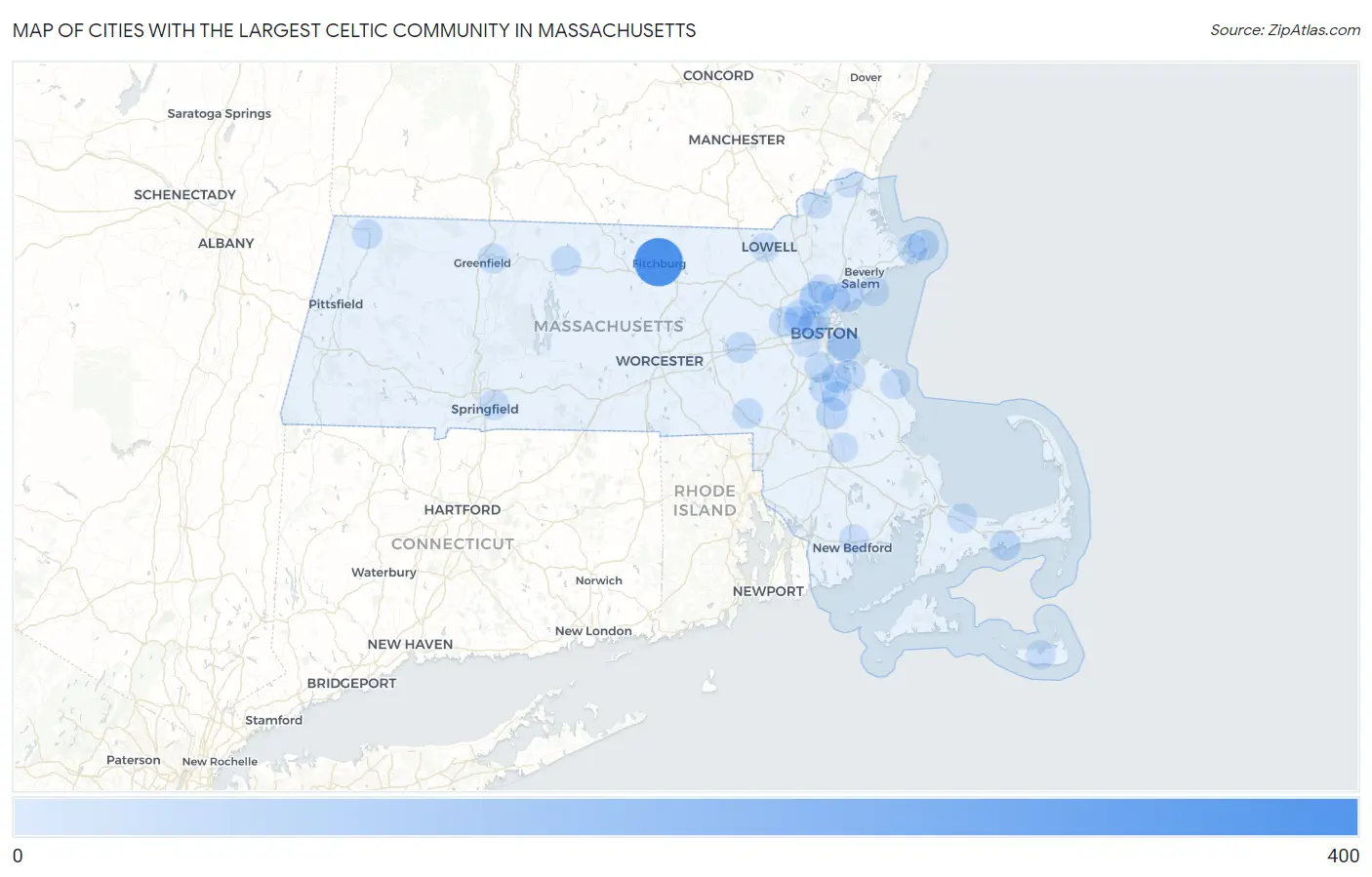 Cities with the Largest Celtic Community in Massachusetts Map