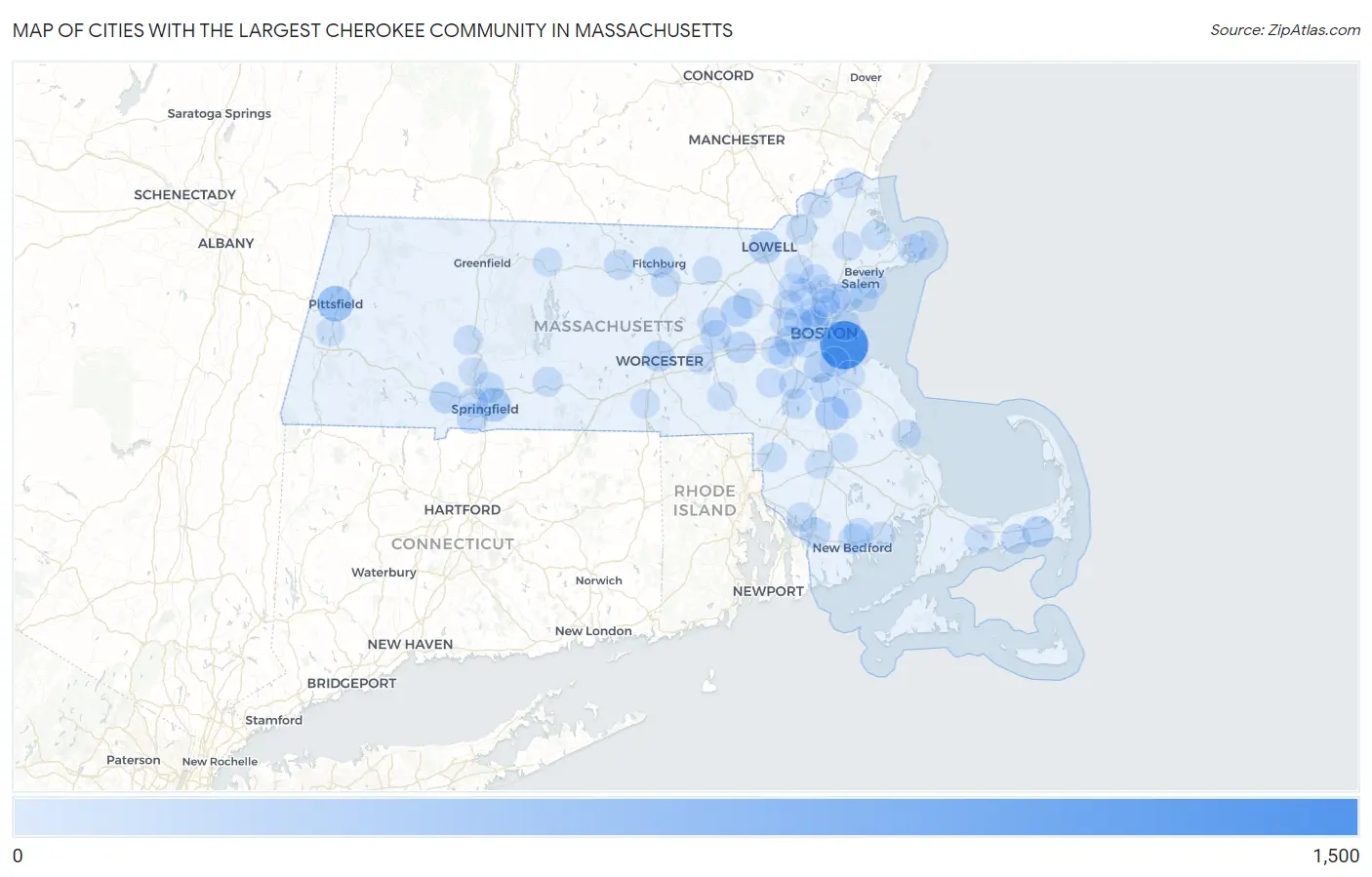 Cities with the Largest Cherokee Community in Massachusetts Map
