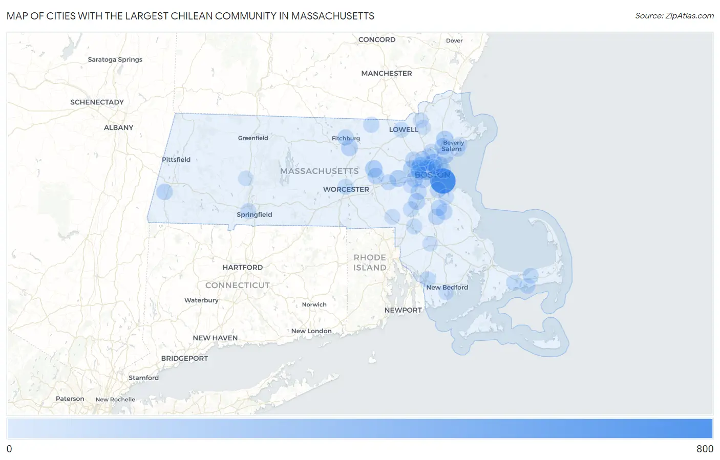 Cities with the Largest Chilean Community in Massachusetts Map
