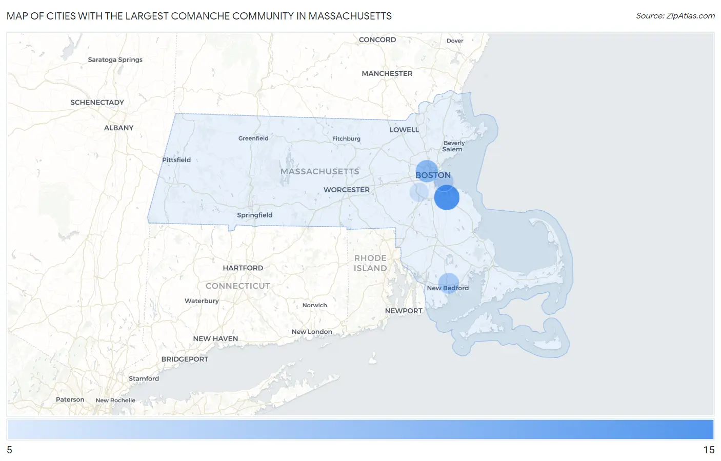 Cities with the Largest Comanche Community in Massachusetts Map