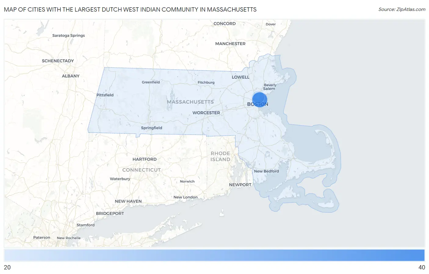 Cities with the Largest Dutch West Indian Community in Massachusetts Map