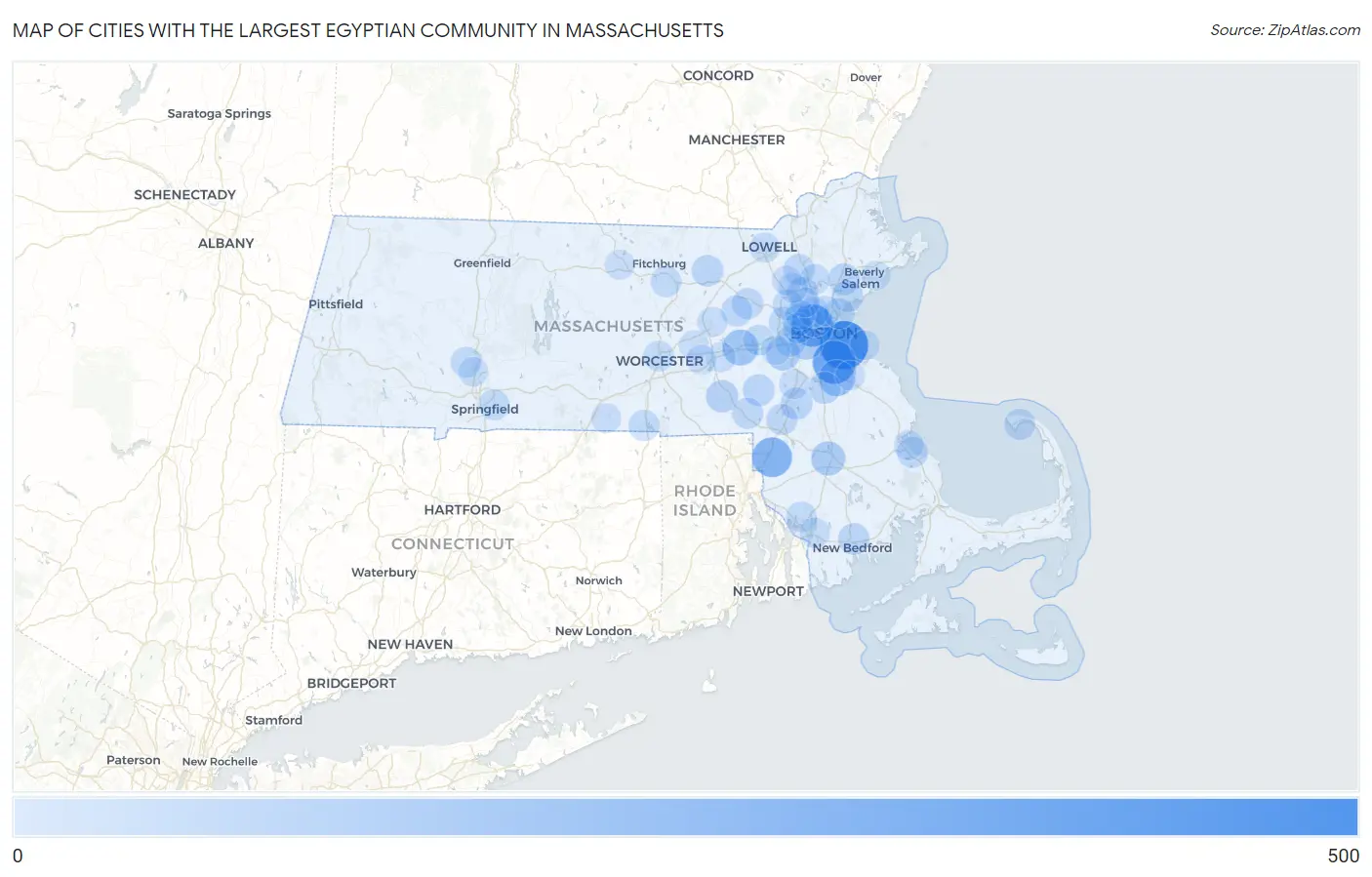 Cities with the Largest Egyptian Community in Massachusetts Map