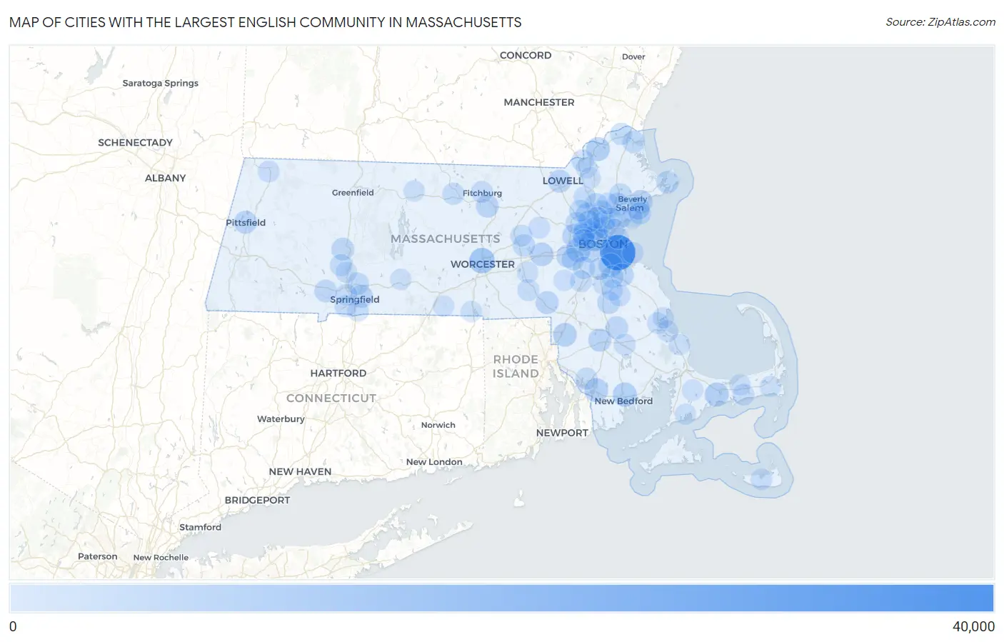 Cities with the Largest English Community in Massachusetts Map