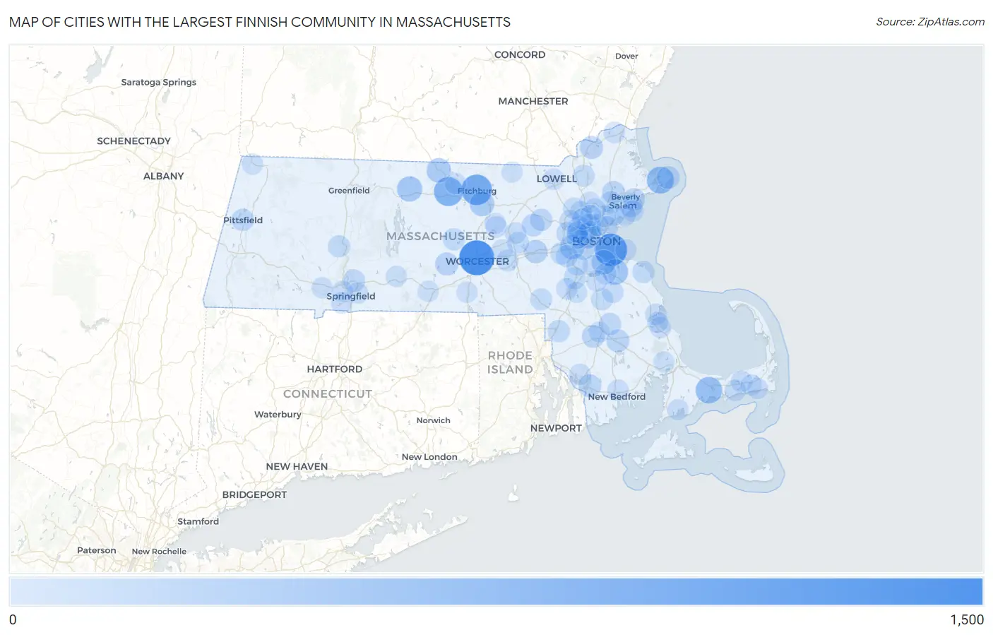 Cities with the Largest Finnish Community in Massachusetts Map