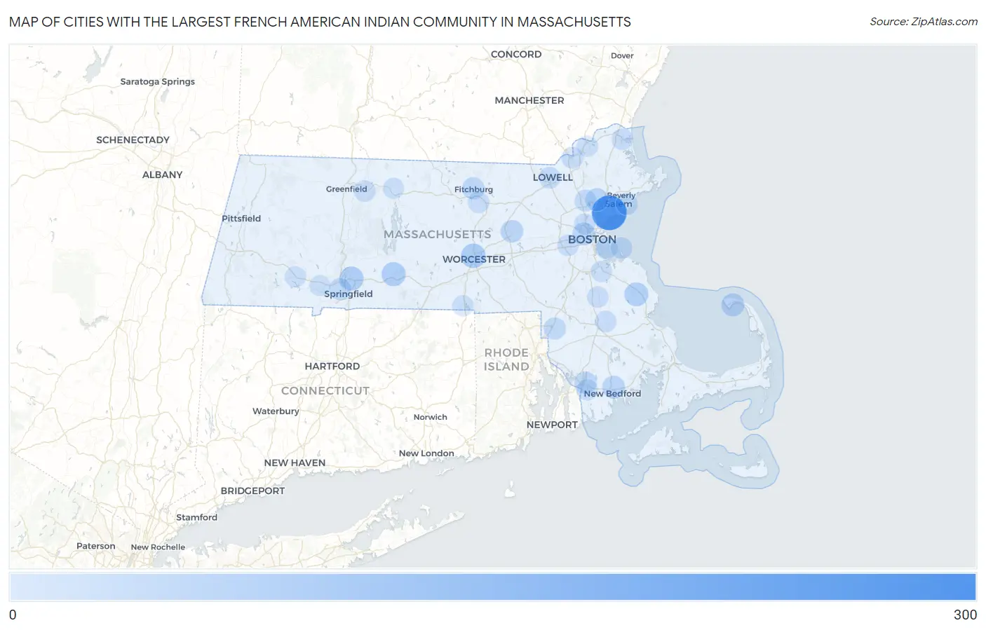 Cities with the Largest French American Indian Community in Massachusetts Map