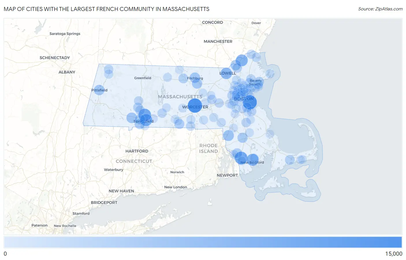 Cities with the Largest French Community in Massachusetts Map