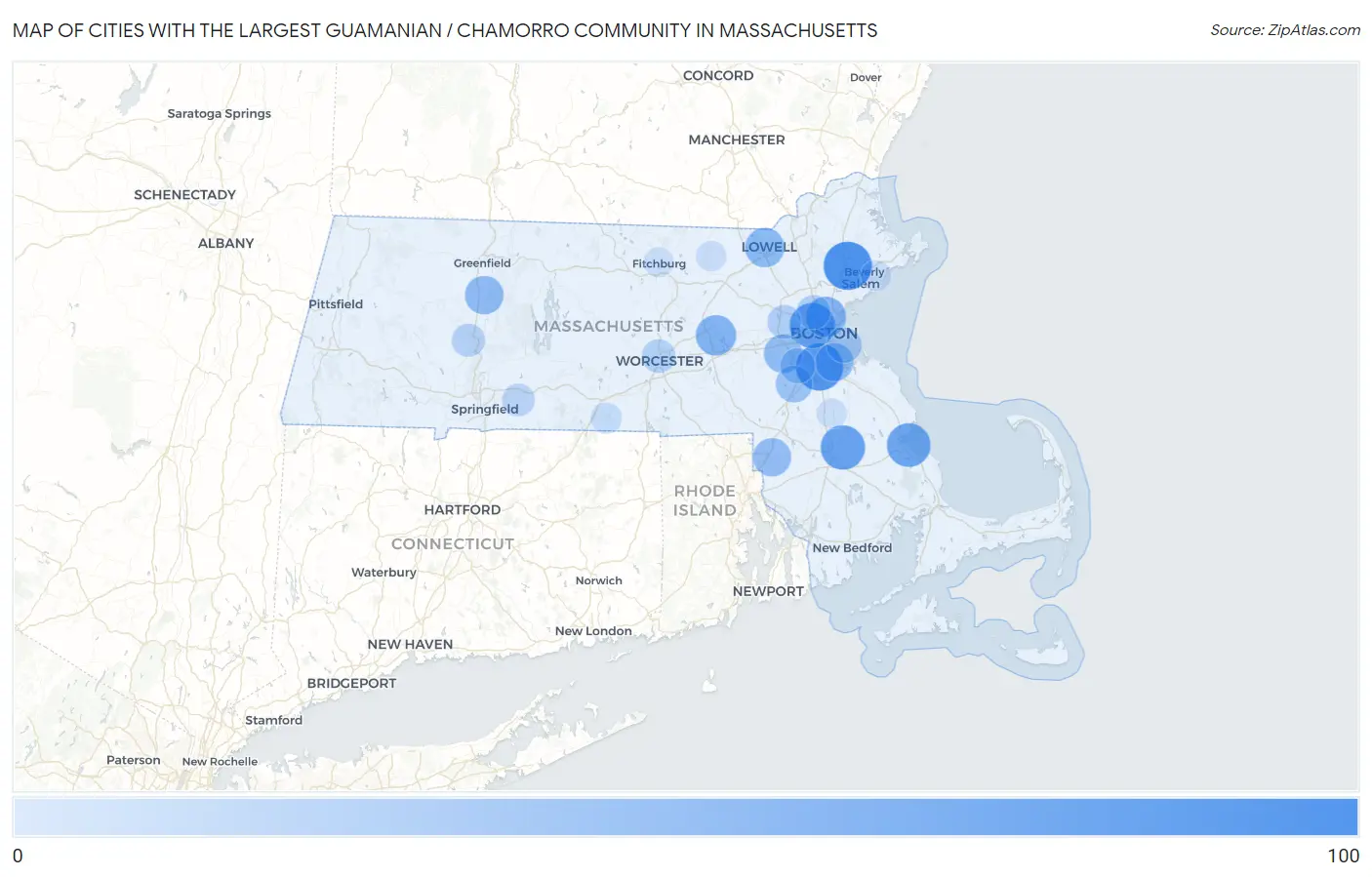 Cities with the Largest Guamanian / Chamorro Community in Massachusetts Map