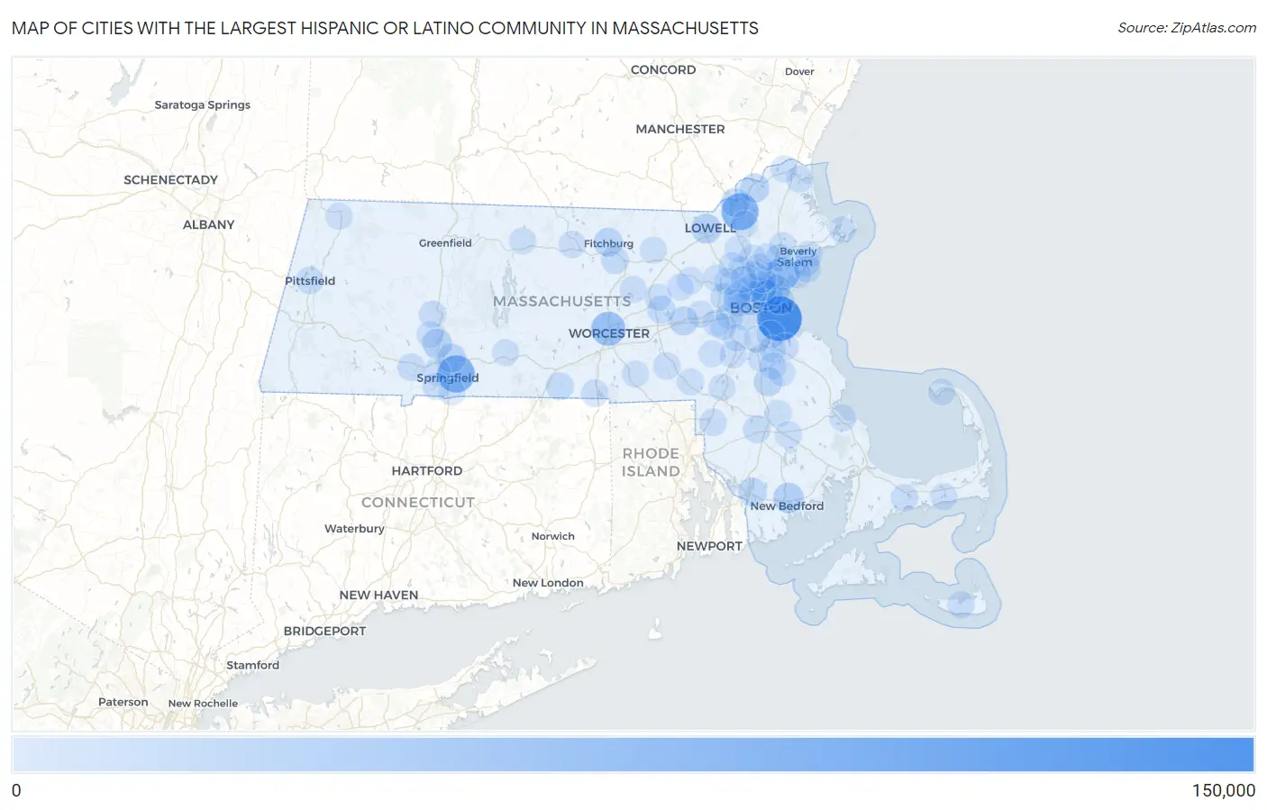 Cities with the Largest Hispanic or Latino Community in Massachusetts Map