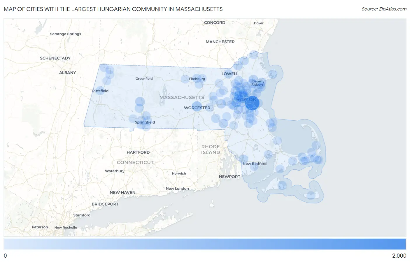 Cities with the Largest Hungarian Community in Massachusetts Map