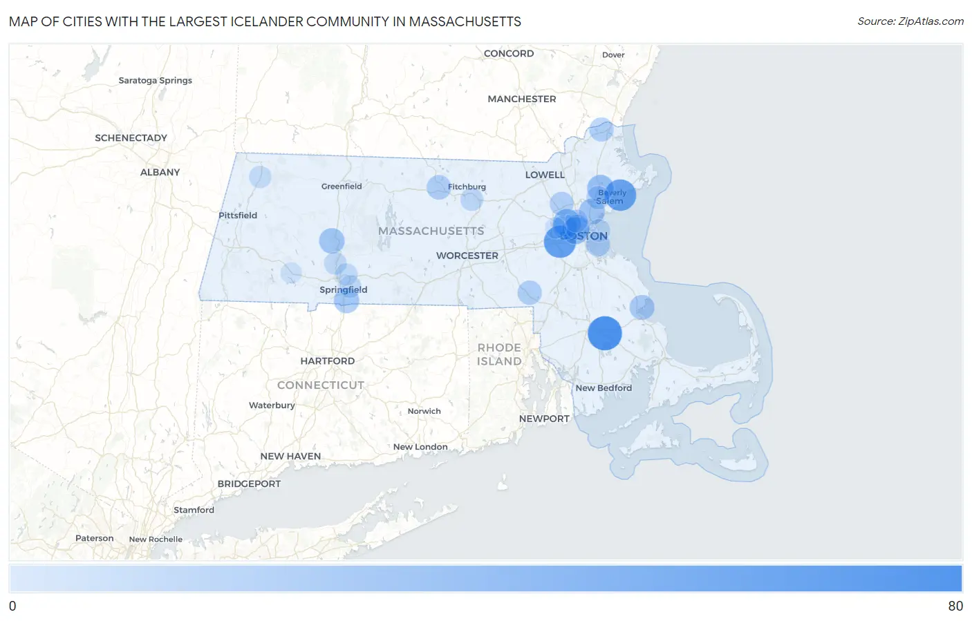 Cities with the Largest Icelander Community in Massachusetts Map
