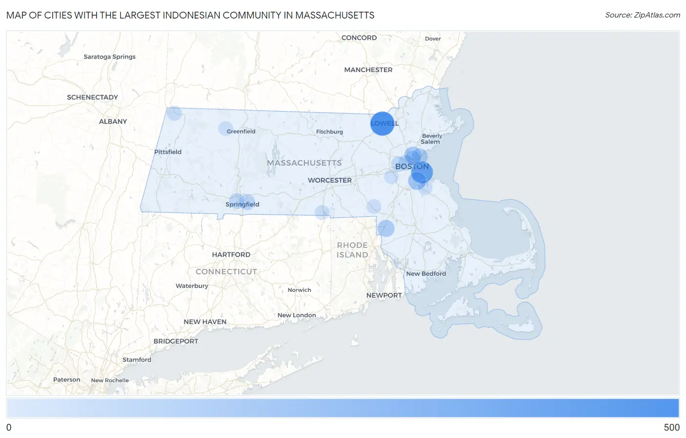 Cities with the Largest Indonesian Community in Massachusetts Map