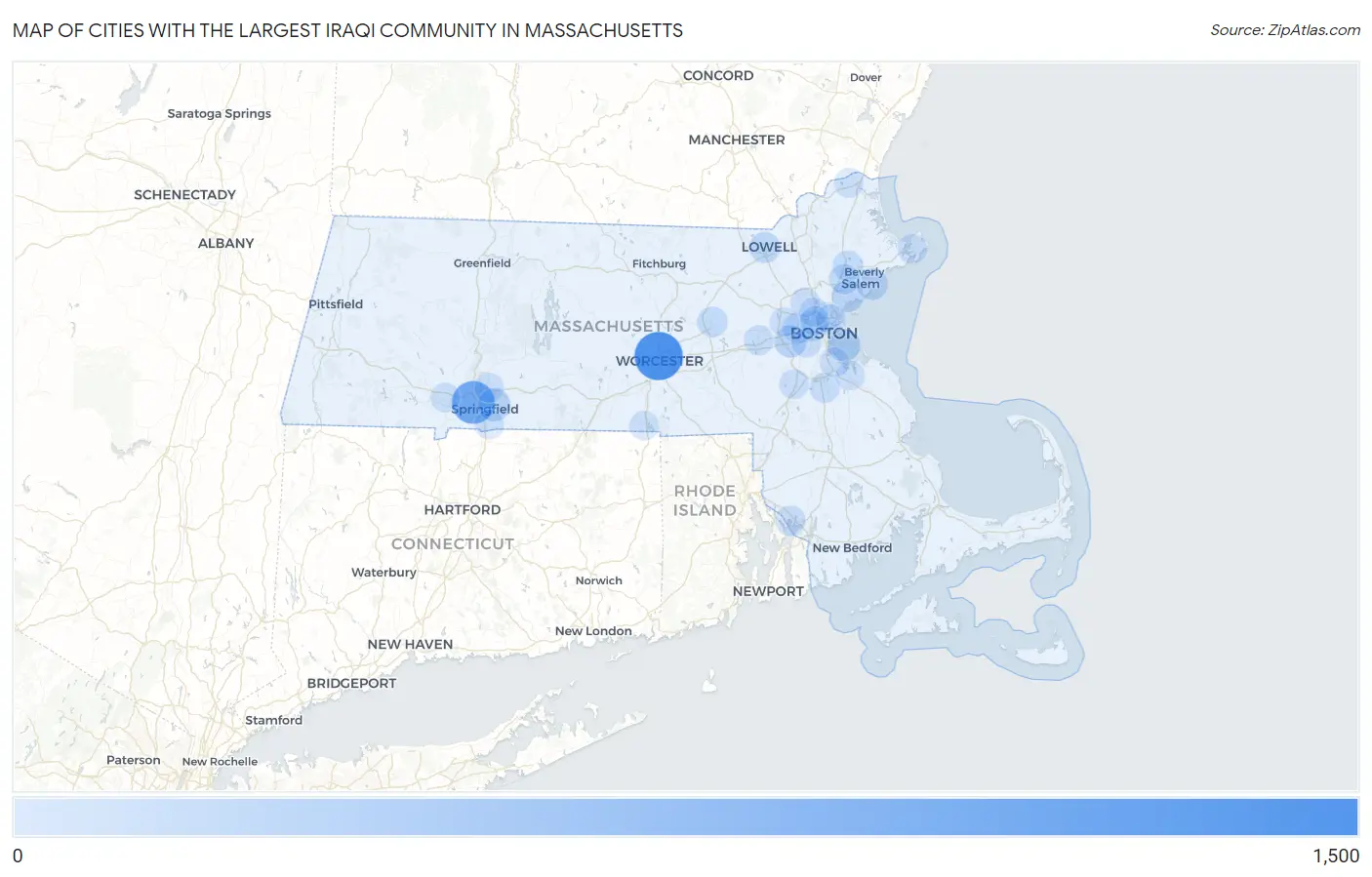 Cities with the Largest Iraqi Community in Massachusetts Map