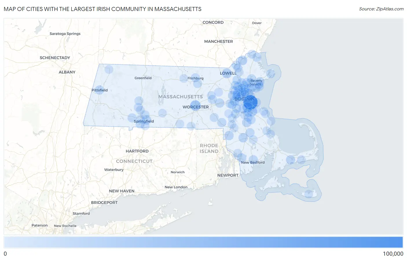 Cities with the Largest Irish Community in Massachusetts Map