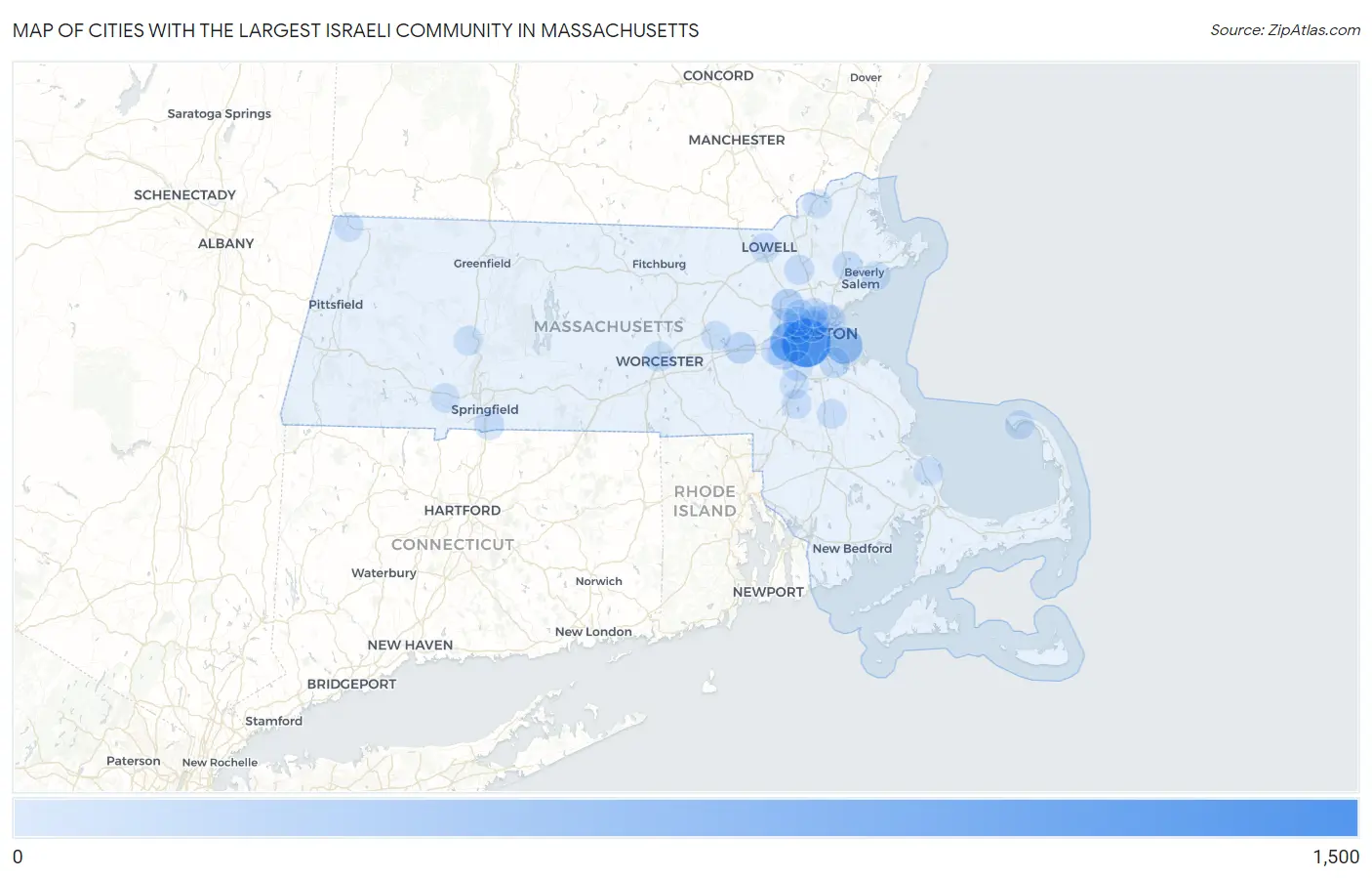 Cities with the Largest Israeli Community in Massachusetts Map