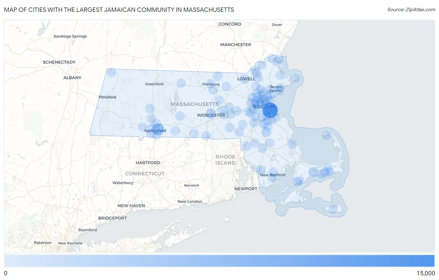Cities with the Largest Jamaican Community in Massachusetts Map