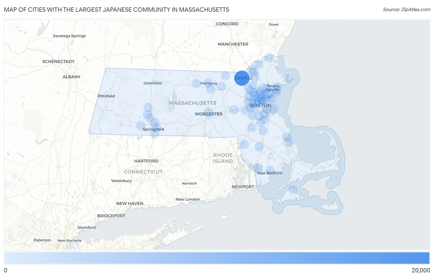Cities with the Largest Japanese Community in Massachusetts Map