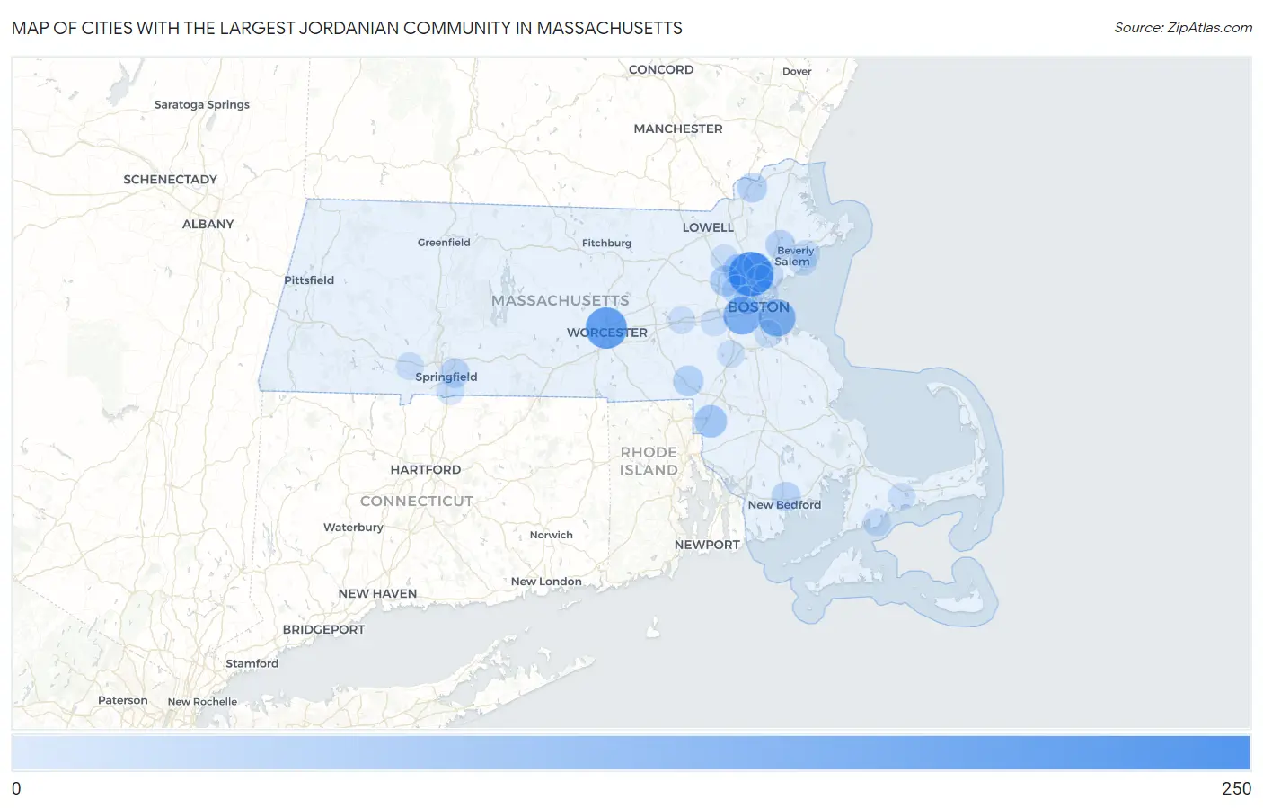 Cities with the Largest Jordanian Community in Massachusetts Map