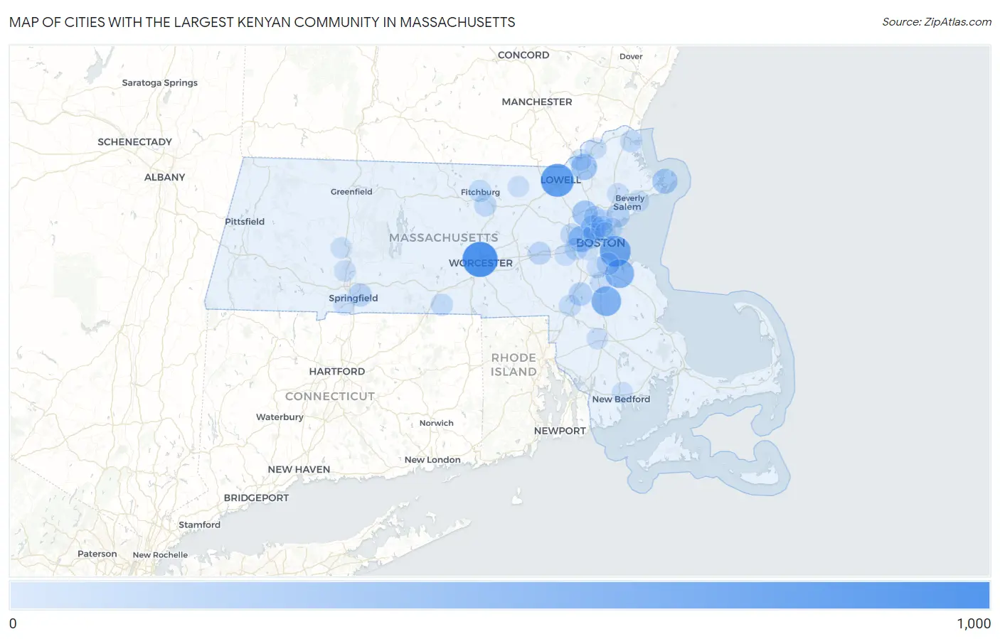 Cities with the Largest Kenyan Community in Massachusetts Map