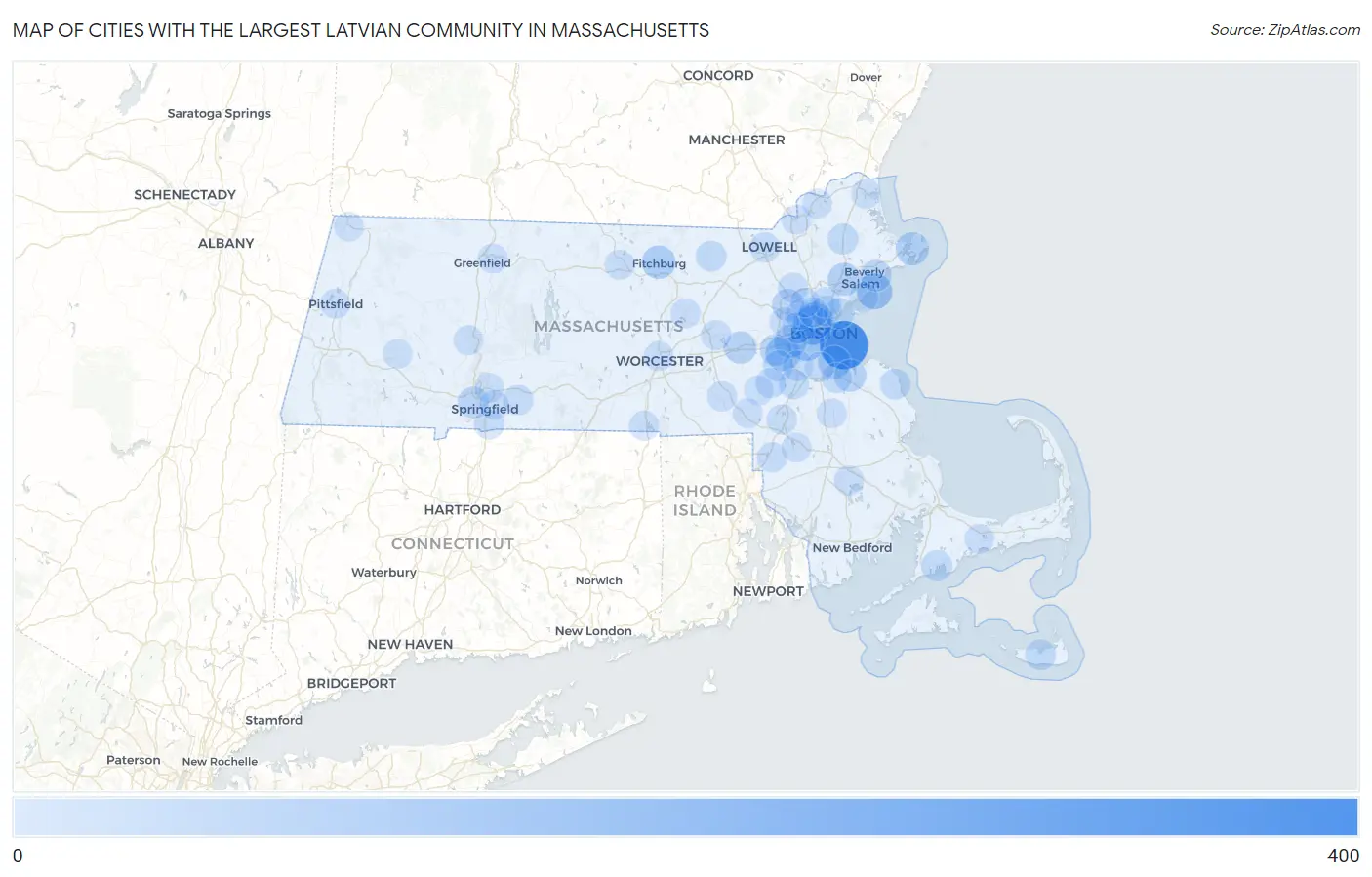 Cities with the Largest Latvian Community in Massachusetts Map