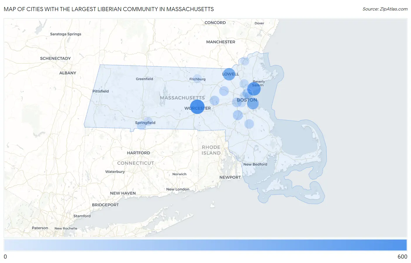 Cities with the Largest Liberian Community in Massachusetts Map
