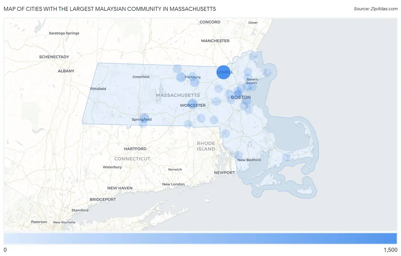 Cities with the Largest Malaysian Community in Massachusetts Map