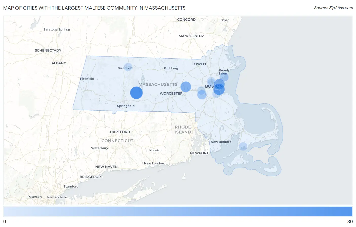 Cities with the Largest Maltese Community in Massachusetts Map