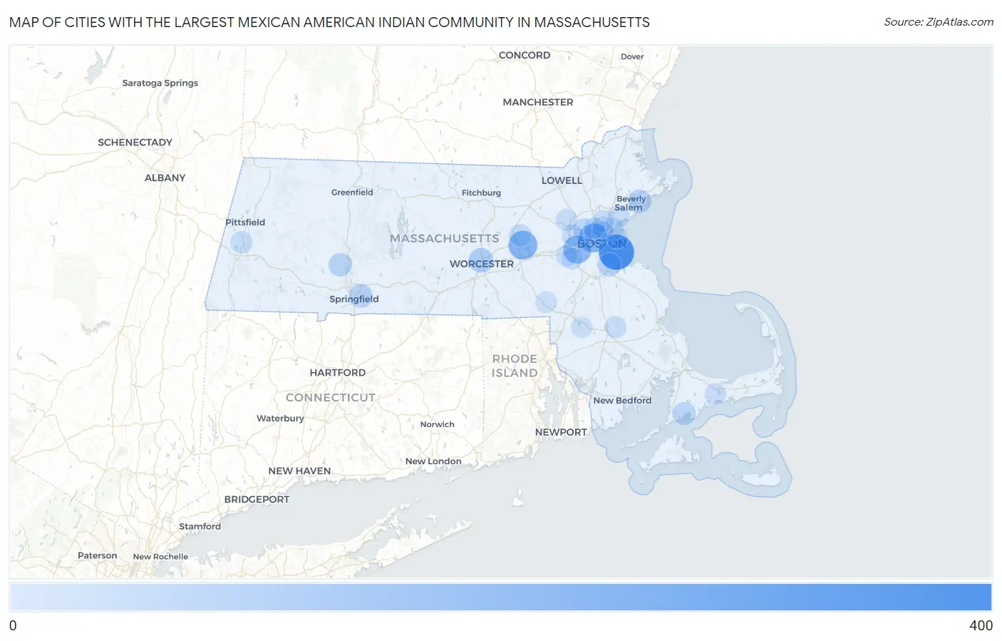 Cities with the Largest Mexican American Indian Community in Massachusetts Map