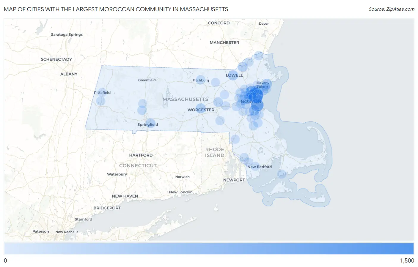 Cities with the Largest Moroccan Community in Massachusetts Map