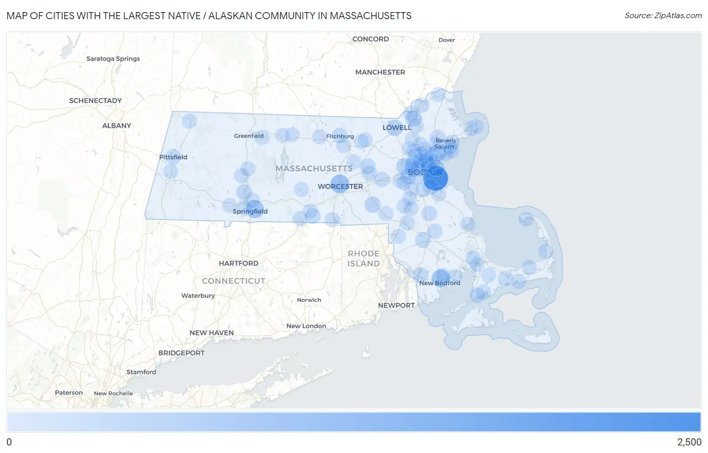 Cities with the Largest Native / Alaskan Community in Massachusetts Map