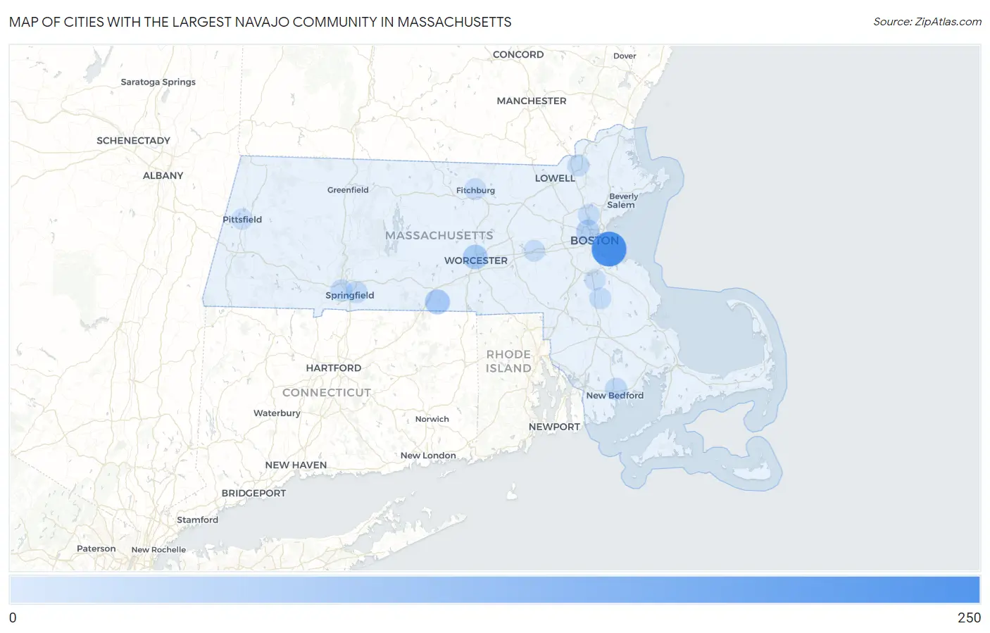 Cities with the Largest Navajo Community in Massachusetts Map