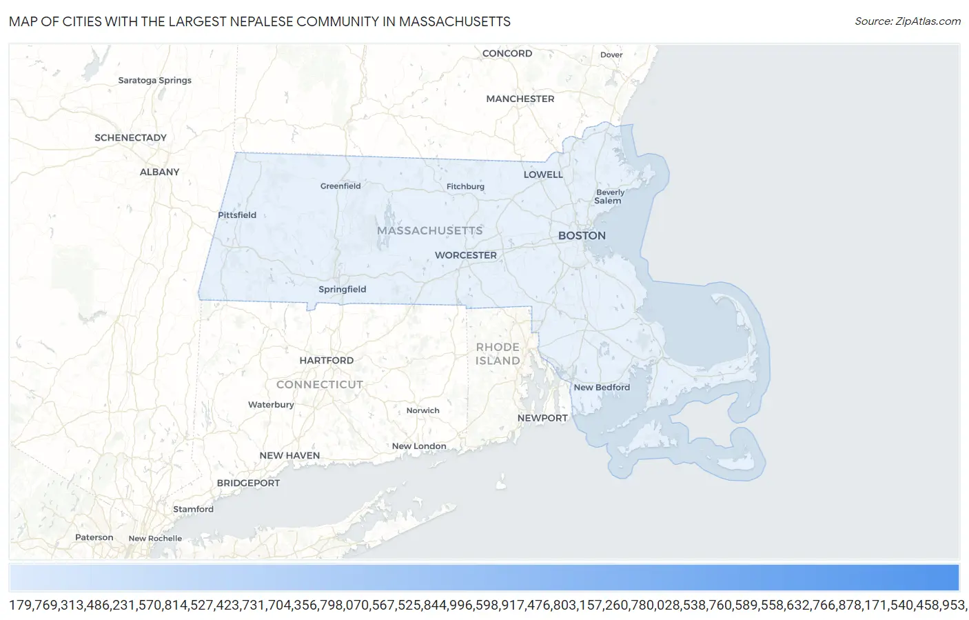 Cities with the Largest Nepalese Community in Massachusetts Map