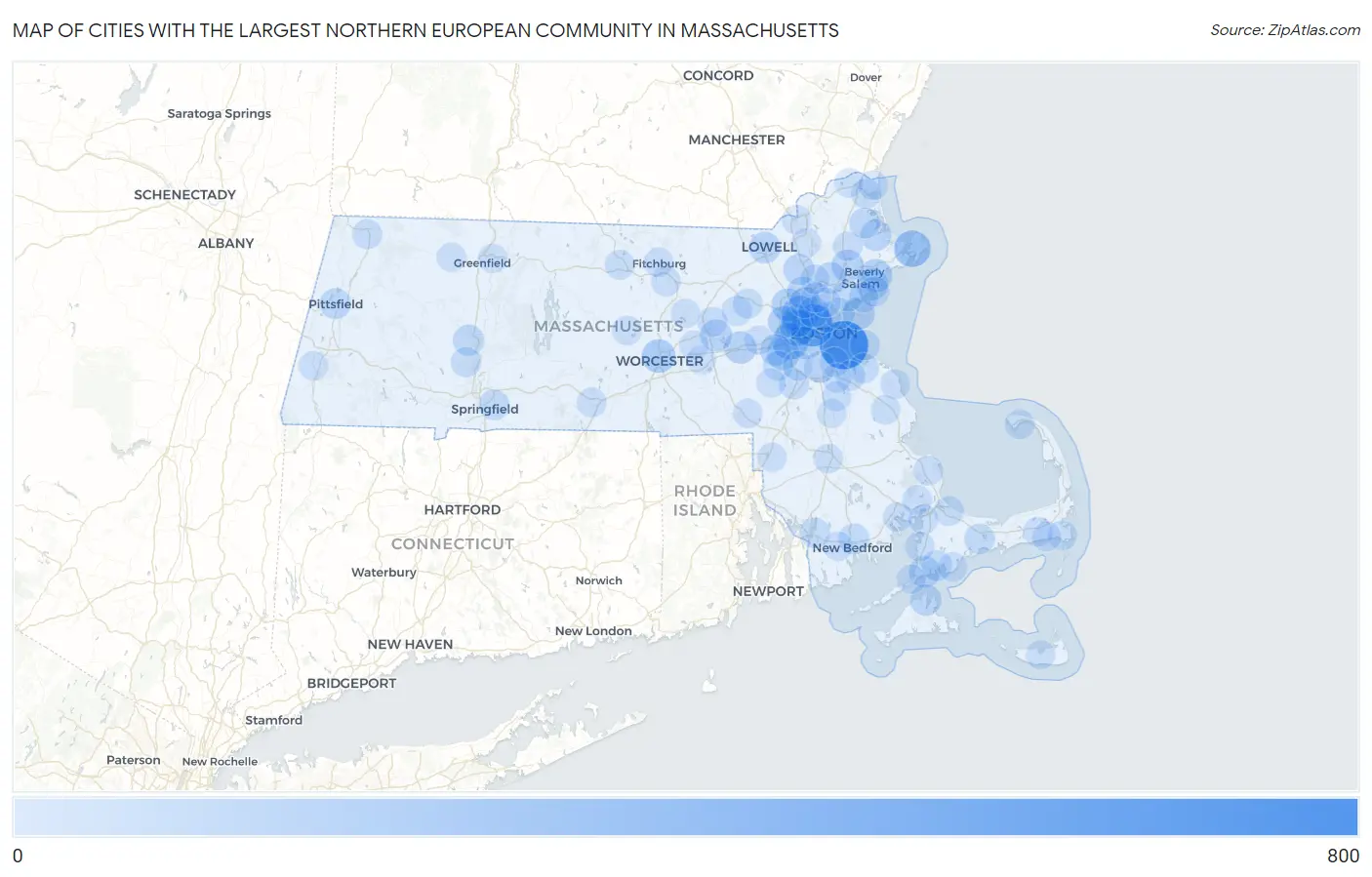 Cities with the Largest Northern European Community in Massachusetts Map