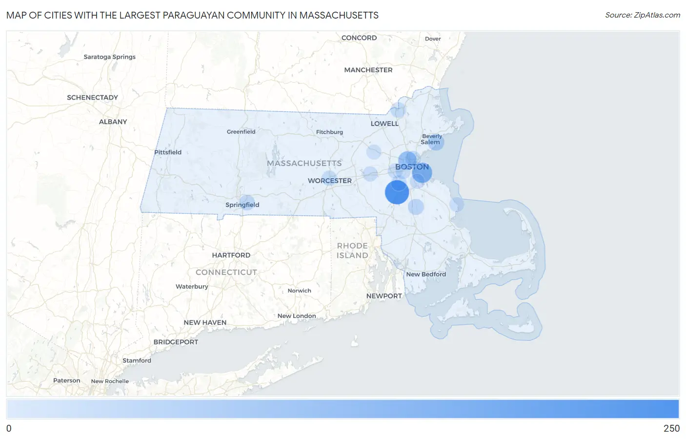Cities with the Largest Paraguayan Community in Massachusetts Map