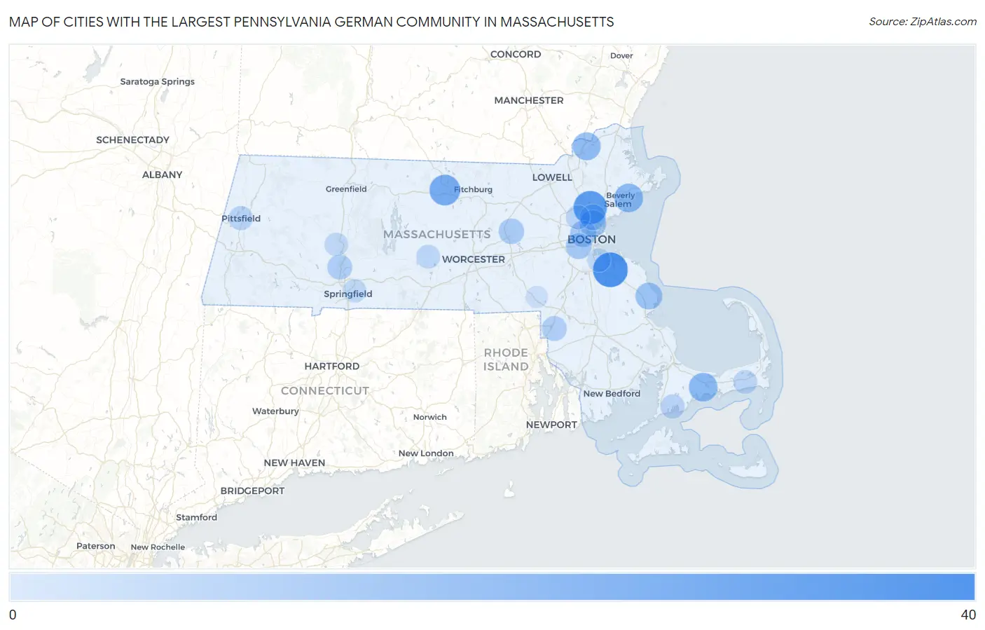 Cities with the Largest Pennsylvania German Community in Massachusetts Map
