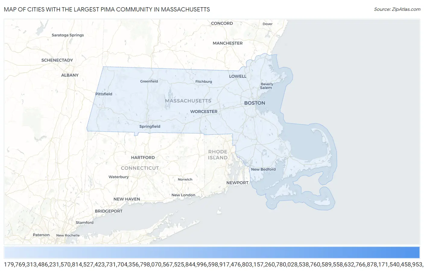 Cities with the Largest Pima Community in Massachusetts Map